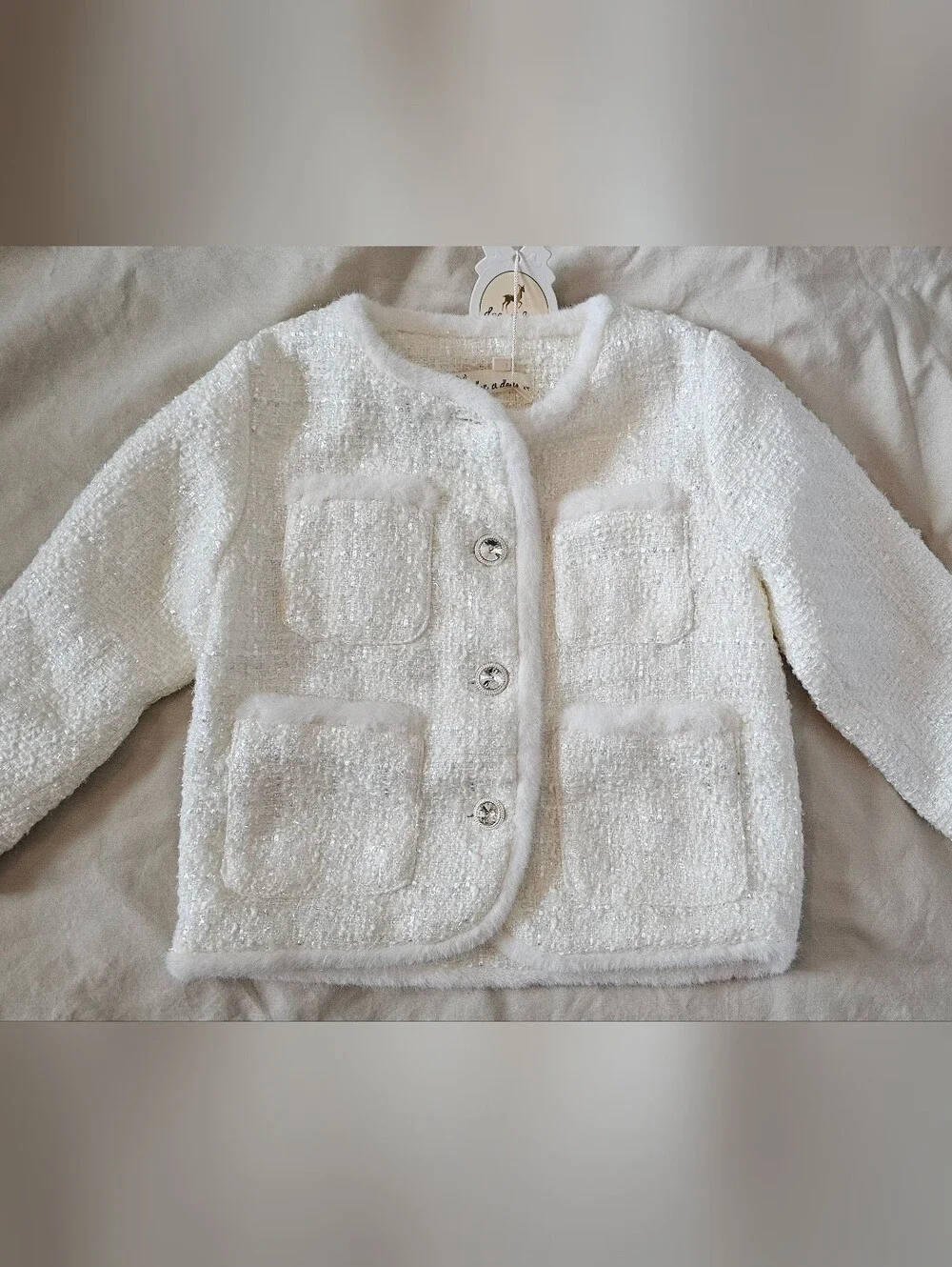 Doe A Dear White Tweed Two-Piece Jacket and Pinafore Set Fur Toddler Girls 2T